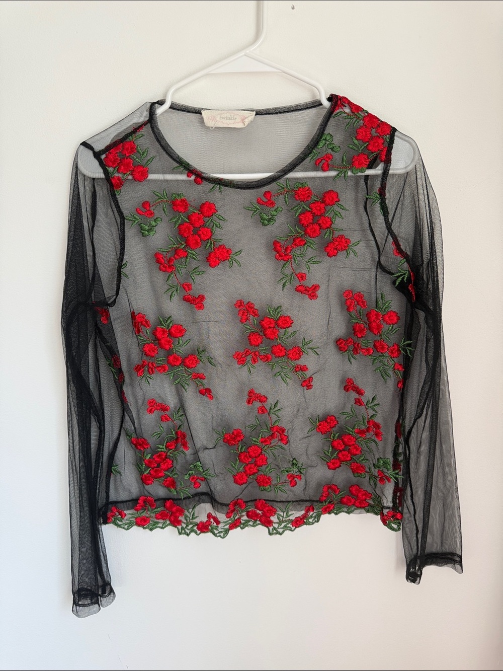 Twinkle by Wenlan Black Sheer Mesh Top with Red Floral Embroidery
